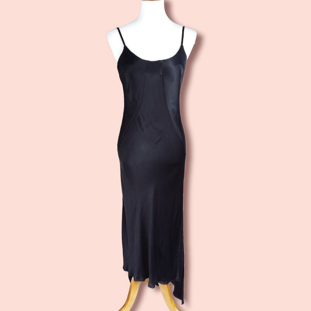 Michael Stars Hi Low Midi Slip Dress Size Medium Black Satin Side Slits NWOT